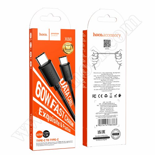 Кабел Hoco, X88CC, USB C(M) - USB C(M), v.2.0, 60W, 1.0m, Black Кабел Hoco, X88CC, USB C(M) - USB C(M), v.2.0, 60W, 1.0m, Black