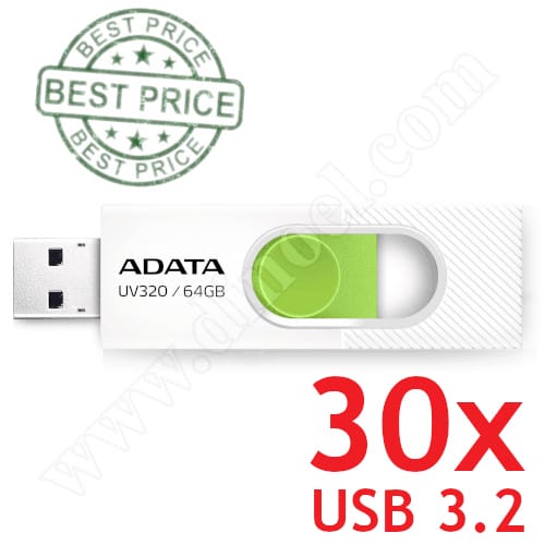 Adata, UV320, 64GB, USB 3.2, Flash Drive, White + Green, 30бр.